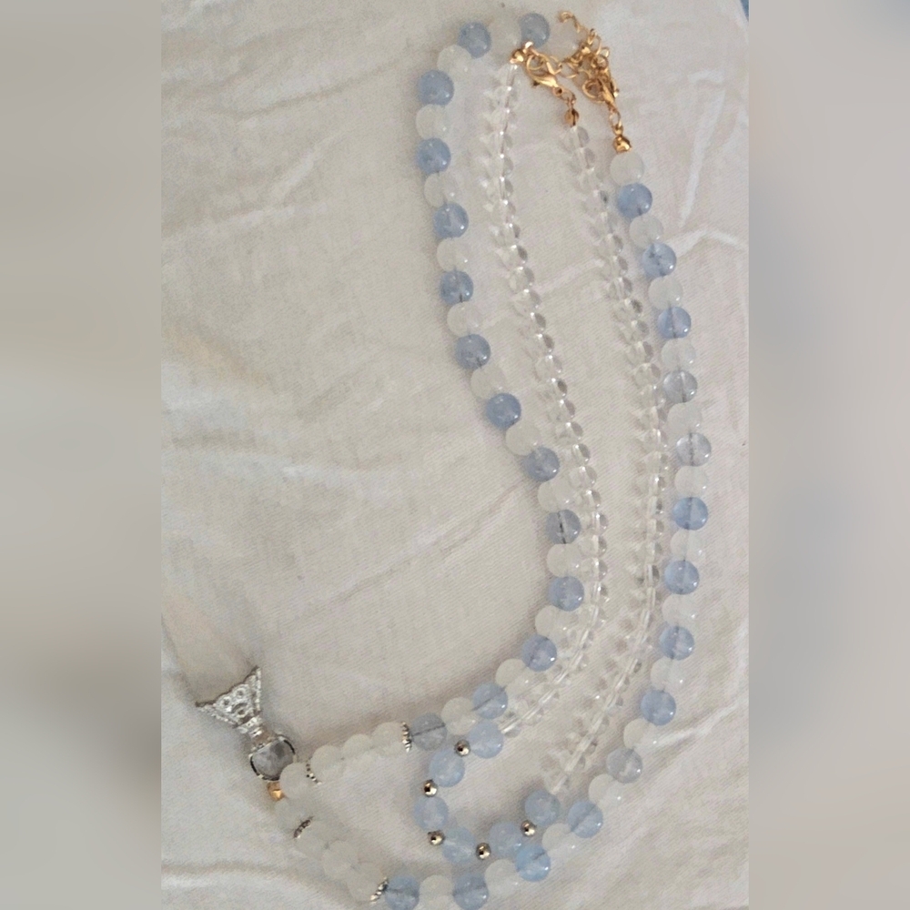 A double Necklace pairing aquamarine and quartz crystal beads with a Charm - Picture 4 of 4